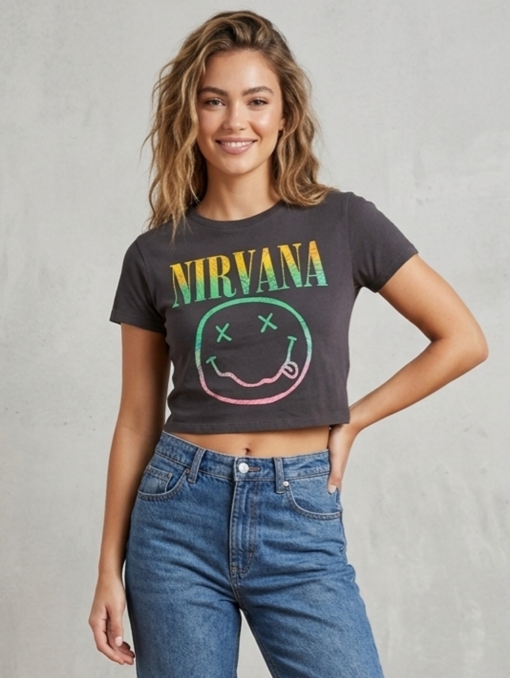 5 For $25✨️Nirvana Rock Band Music Alcott Grey Cropped Top Graphic Womens Small
